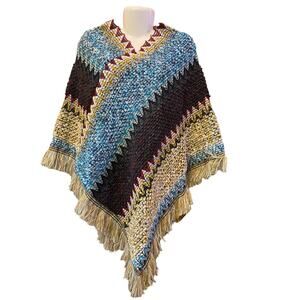 Joan Vass Women's Multicolor Fringe Trim Shawl Pullover V-Neck Sweater One Size